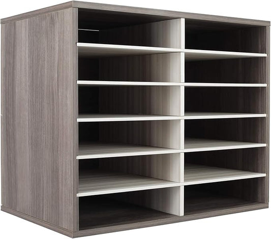 TQVAI Wood Literature Organizer, 12 Slots Hold 6000 Sheets A4 Papers, Wooden Desk Paper File Storage Organizer with Adjustable Shelves, Mailbox Cubbies for Office Home Classroom, Retro Grey/White
