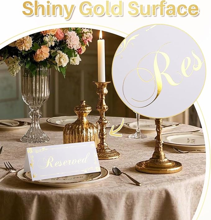 6 Pack Reserved Table Signs White Reserved Table Tent Card with Gold Foil Design for Wedding Party Restaurant - Double Sided Reserved Sign Table Tent Place Cards for Event