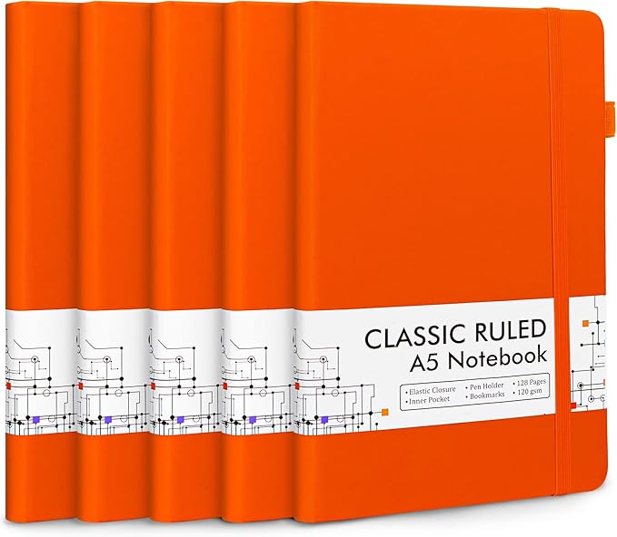 5 Pack Journal Notebook Bulk for School, Feela Hardcover Business Notebooks Classic Ruled Lined Journals with Pen Holder for Work Note Taking, with 5 Black Pens, 120 GSM, 5.1”x8.3”, A5, Orange