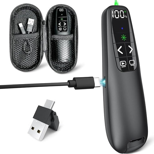 Rechargeable Presentation Clicker with Case, Power Digital Display Wireless Presenter Remote, USB C Green Light Pointer Computer PowerPoint PPT Clickers for Mac Laptop, Slideshow Google Slide Advancer