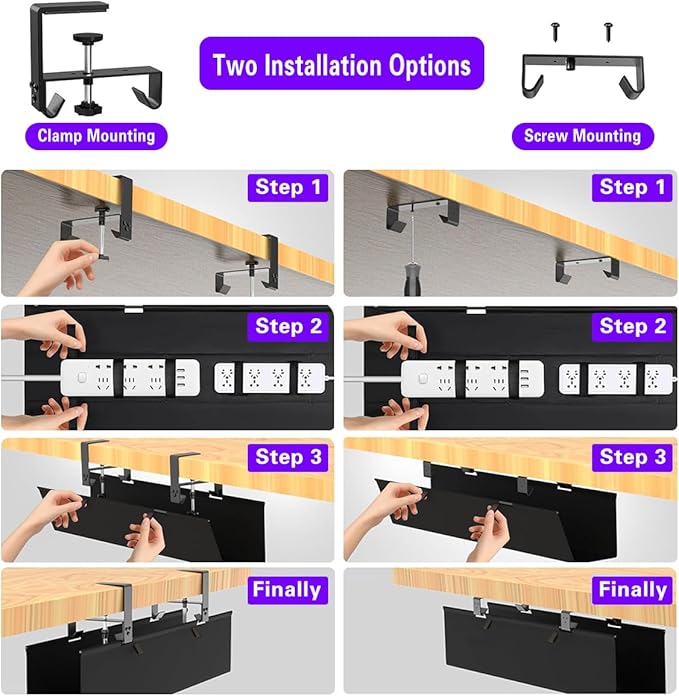No Drill Under Desk Cable Management Tray, 36" Cord Organizer for Table, Clamp/Screw Mount Desk Cable Management, Premium Fabric Cable Management Tray for Office, Home（Black/2set）