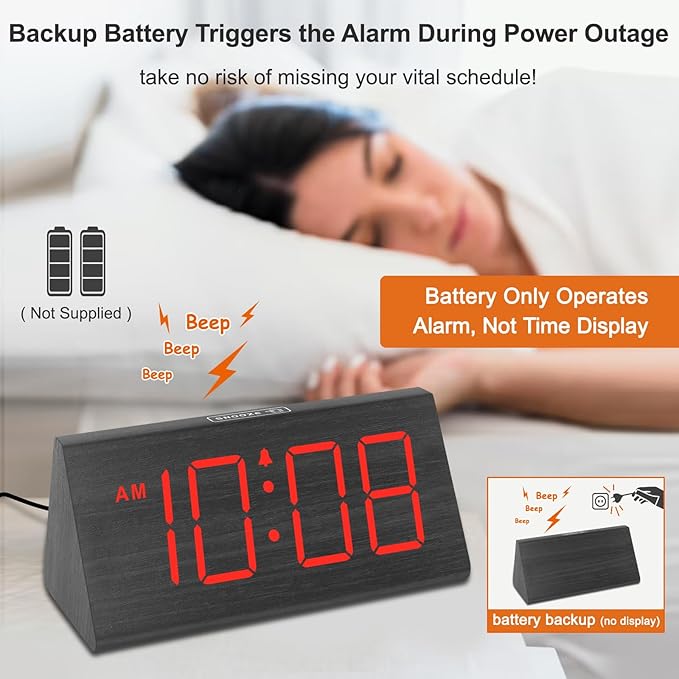 DreamSky Wooden Digital Alarm Clocks for Bedrooms - Electric Desk Clock with Large Red Numbers, USB Port, Battery Backup Alarm, Adjustable Volume, Wood Décor, Dimmer, Snooze, DST (Adapter Powered)
