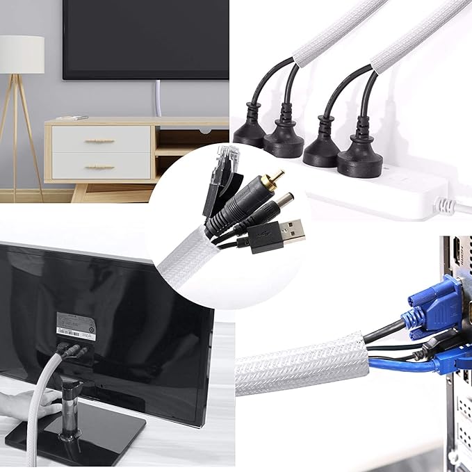 CrocSee 10ft - 3/8 inch Braided Cable Management Sleeve Cord Protector - Self-Wrapping Split Wire Loom for TV/Computer/Home Theater/Engine Bay - White