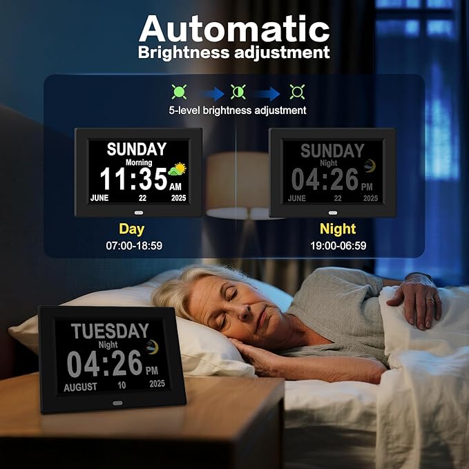 7‘’ Digital Alarm Clock for Elderly Large Display for Seniors Electric Clocks with Date Day of Week 12 Alarms 4 Colors Desk Wall Calendar Clocks for Memory Loss Alzheimers Dementia Auto DST/Dimmer