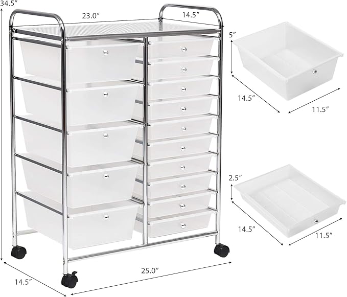 GLACER 15 Drawers Rolling Cart, Storage Cart with w/Removable Drawers & Steel Frame, Multipurpose Organizer Cart w/Sleek Handle, Utility Cart on Lockable Wheels for Home, School, Office (Clear)