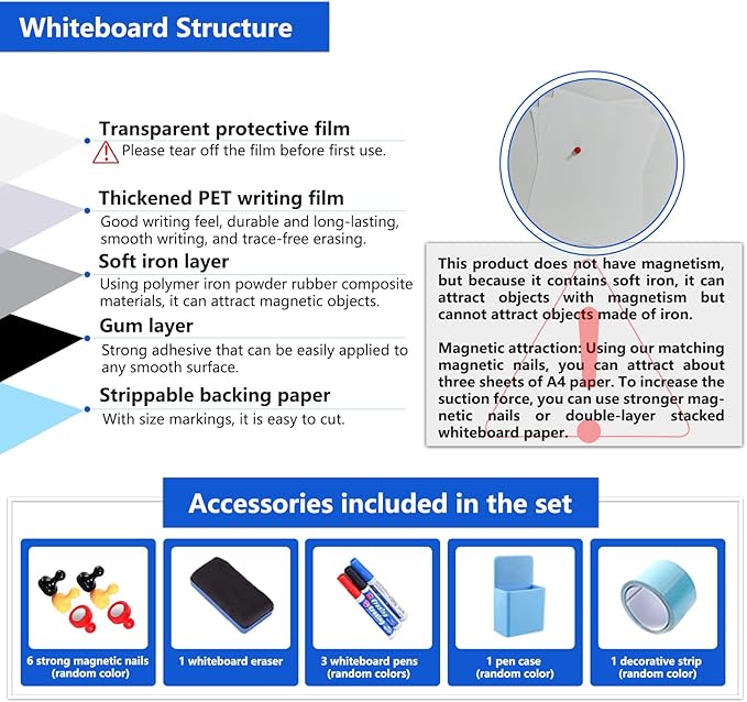 Magnetic Dry Erase Whiteboard Paper with Adhesive, 78" x 39" White Board Film for Wall, Easy to Write and Clean Dry Erase Board for Office, Classroom, Home, Include Marker, Magnetic Eraser and Magnets