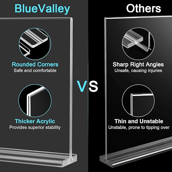 BlueValley Clear Acrylic Sign Holder 7x5 Inch - 12 Pack Double Sided Lucite Plastic Paper Display Stand for Brochure, Tabletop Sign, Document Picture Frame For Office Retail Catering Menu Show Fair Vendor Events