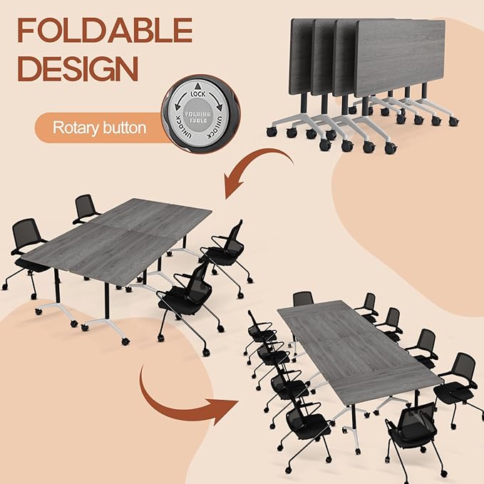Folding Conference Table 4ft 5ft, Foldable Office Meeting Desk for 6 People, Multiple Sizes Colors Mobile Conference Room Table for Training Room School Business Furniture (2, Grey, 55in)
