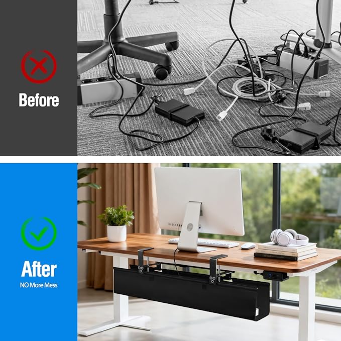 Under Desk Cable Management Tray, 36-Inch Heavy Duty No-Drill Clamp & Screw Mount Cord Organizer, Holds Power Strip & Large Adapters for Home Office, Gaming Desk, Study Room