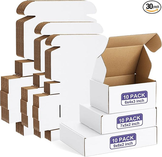 Eupako 30 Pack Small Shipping Boxes Assorted Sizes, 6x4x3, 7x5x2, 9x6x2-10 PCS Each Small Boxes, White Corrugated Box Mailers, Cardboard Boxes for Packaging Small Business, Mailing