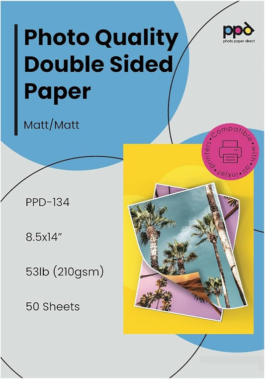 PPD Double Sided Photo Paper, Matte Brochure Paper 8.5 x 14 for Inkjet Printer, 210 gsm, 9 mil Legal Paper Size for Magazine, Flyer, Presentation, Program, Instant Dry & Water Resistant (50 Sheets)