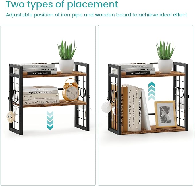 ELITEROO Desktop Shelf Organizer, 2 Tier Wood Desk Bookshelf, Desk Top Storage Rack for Office, Dorm, or Bedroom Decor, Small Tabletop Shelf for Books, Plants & Accessories, Rustic Brown