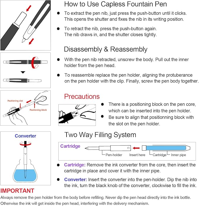 JINHAO 20 Press Fountain Pen, Retractable Capless Resin Pen with Ink Converter (F Nib 0.5mm, Transparent Black - Gold Clip)