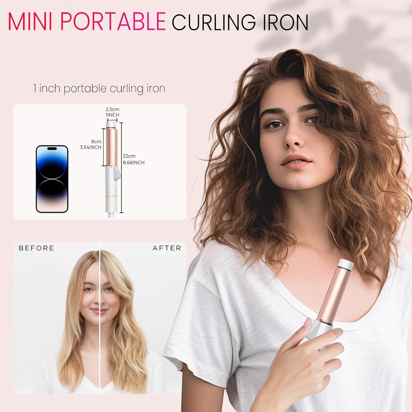 Mini Travel Curling Iron, European Travel Curling Iron Dual Voltage (100V-240V) Mini Size for Short Hair 1 inch, Portable Hair Curler with 30s Fast Heating Constant 180° for International (White)