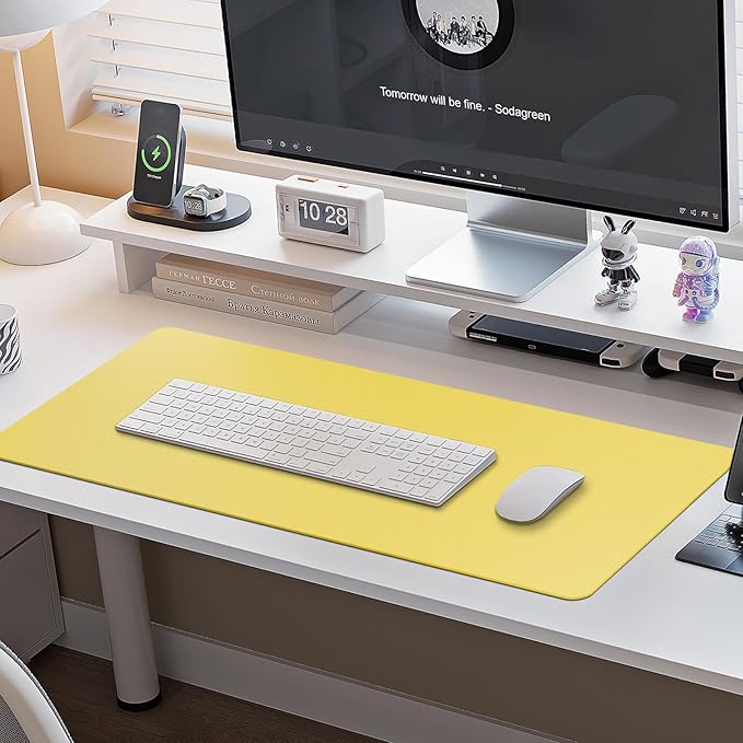 Boutilon Leather Desk Pad Protector,Non-Slip Mouse Pad,Laptop Desk Pad,Office Mouse Mat,Waterproof Leather Desk Blotter,Desk Writing Pad for Office and Home (L-Yellow,35"x 17")