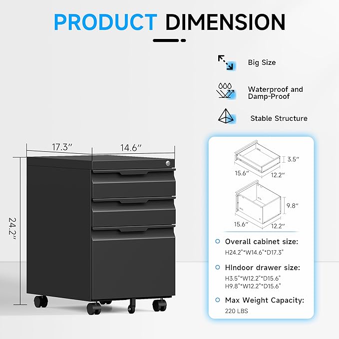 Bestoo 3-Drawer Mobile File Cabinet with Lock, Metal Filing Cabinet on Wheels for Home Office Under Desk, Fits File Folders, Letter/Legal/F4/A4 Size, Assembly Required (Black)