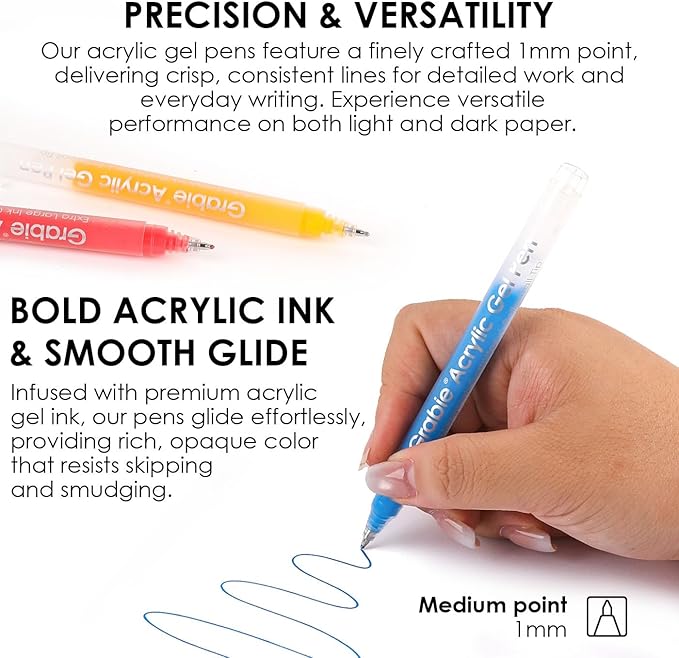 Grabie 12Colors Acrylic Gel Pens&Coloring Book, Medium Point Colored Gel Pens, Acrylic Gel Ink Pen Assorted Colored for Drawing, Note Taking, Bold&Bright Coloring Kit, Set of 12 (Essential Colors)