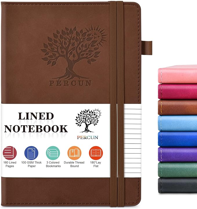 PERCUN Lined Journal Notebook for Men & Women, 160 Pages College Ruled Journal for Writing, A5 Hardcover Leather Notebooks for Work, School, Business, Travel, Daily Diary 5.9" x 8.5" (Brown)