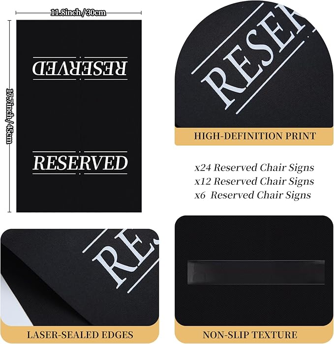 6 Pcs Reserved Seating Signs Reserved Chair Sign Printed Placeholder for Church Pew, Wedding, Party Events (Black and White, 6 Pcs)