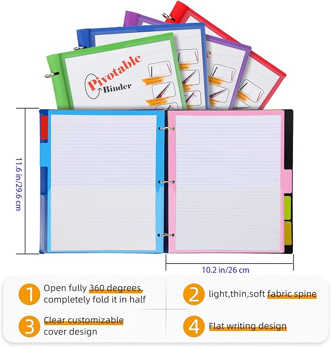 360 Pivotable Project Organizer, 2 Pack 3 Ring Binder with Colored Tab Dividers with Pockets, Customizable Front Cover Multi Pocket Folder for Home, School, Office - Green