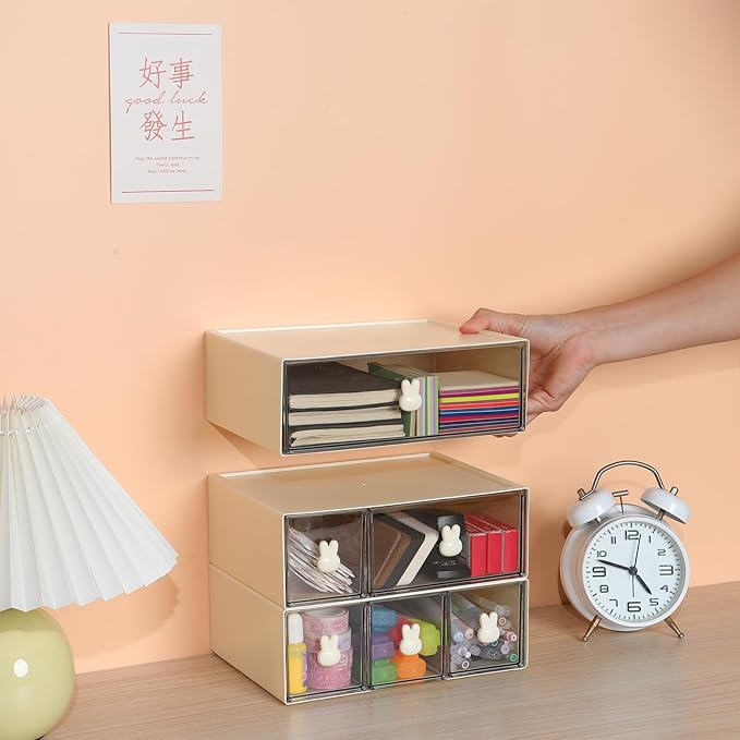 OSteed Desktop Drawers, Desk Organizer with 3 Drawers & Bunny Handles, Stackable Plastic Storage Box for Home Collection, Cosmetics, Office Supplies (1 Tall Layer, Cream & Clear)