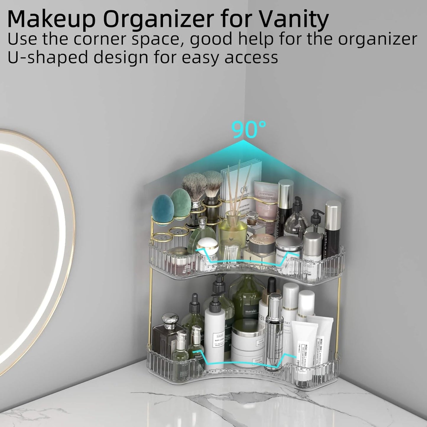 Makeup Organizer Countertop 2 Tier, Corner Bathroom Countertop Organizer with Toothbrush and Makeup Brush Holder, Corner Vanity Tray for Skincare Organization