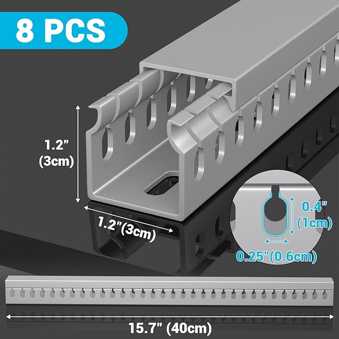 Open Slot Wire Duct Kit, 125.6"(8 x 15.7) Server Rack Cable Management, Cable Management Raceway for Hide Network HDMI VGA Cable, Wiring Raceway Cable Duct, Desk Wire Channel, 8 Pack, Grey
