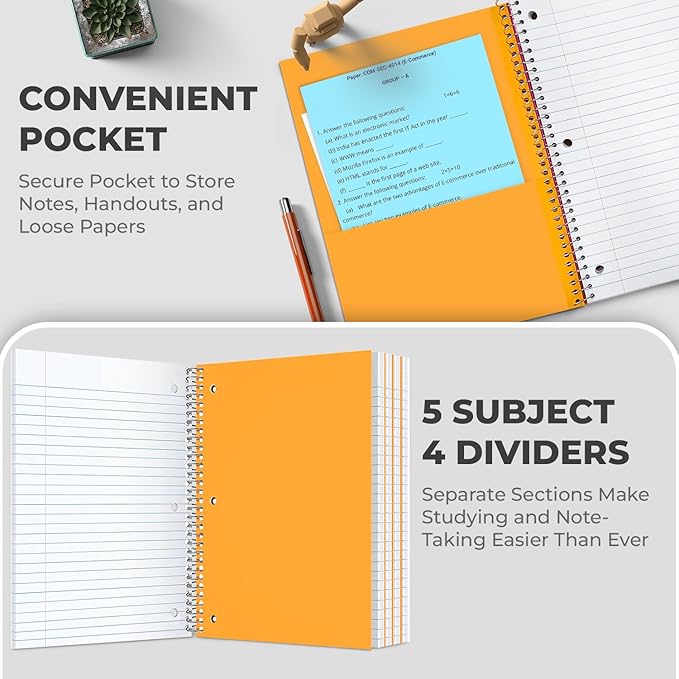 Rosmonde Spiral Notebook 12 Pack, 5 Subject, 300 Pages/Book (150 Sheets), College Ruled, 8 x 10-1/2, School & Office Bulk Spiral Notebooks, Spiral Journal for College, Soft Cover, Assorted Colors