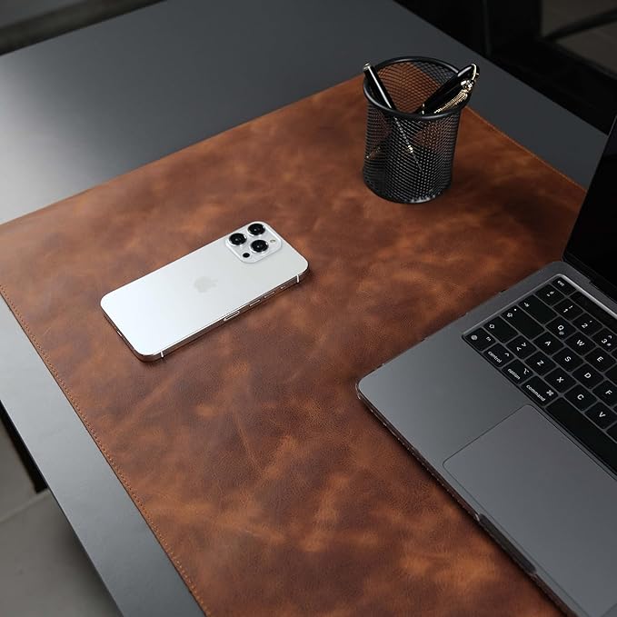TORONATA Jersey Genuine Calfskin Leather Desk Pad, Office Desk Mat with Non-Slip Bottom, Smooth Surface for Mouse & Keyboard, Desk Protector (14.6x31.5 inches) (Antic Tan)