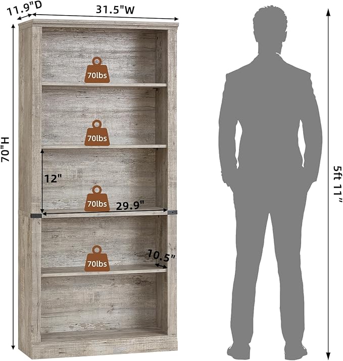 RWYHG 70" Grey Tall Bookshelf,5-Tier Thick Wooden Book Shelf with Adjustable Shelves,Free Standing Farmhouse Bookcase with Open Display Storage,Floor Vintage Bookshelves for Living Room,Office