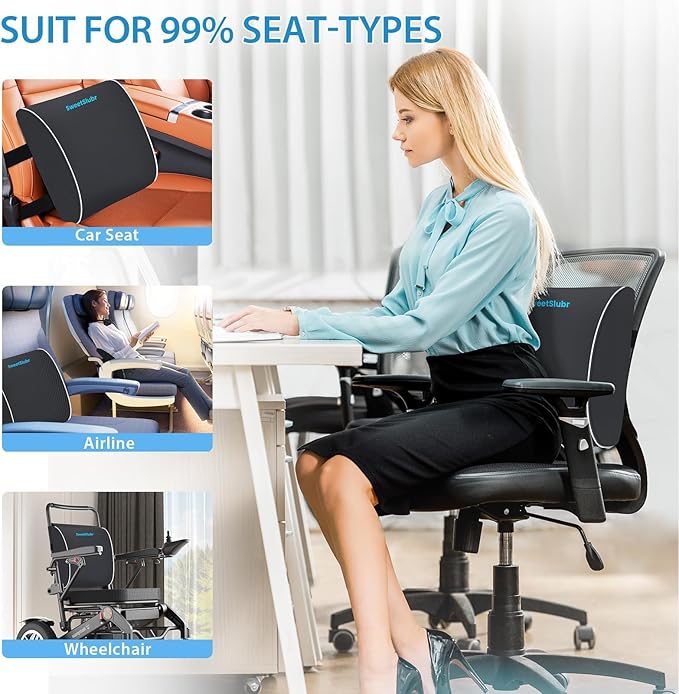 SweetSlubr Large Lumbar Support Pillow for Office Chair, Car Seats and Home Desks, Ergonomic Back Support with Double Adjustable Straps, Machine Washable Cover, Grey