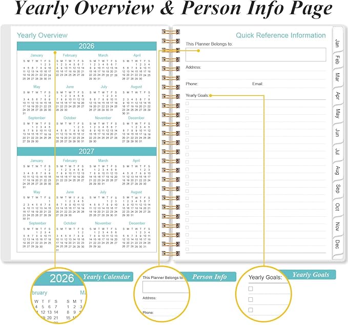 2026 Planner - Planner 2026 from January 2026 to December 2026, Weekly & Monthly Planners Spiral Bound with 12 Monthly Tabs, Inner Pocket, 6.4" x 8.5", Beige