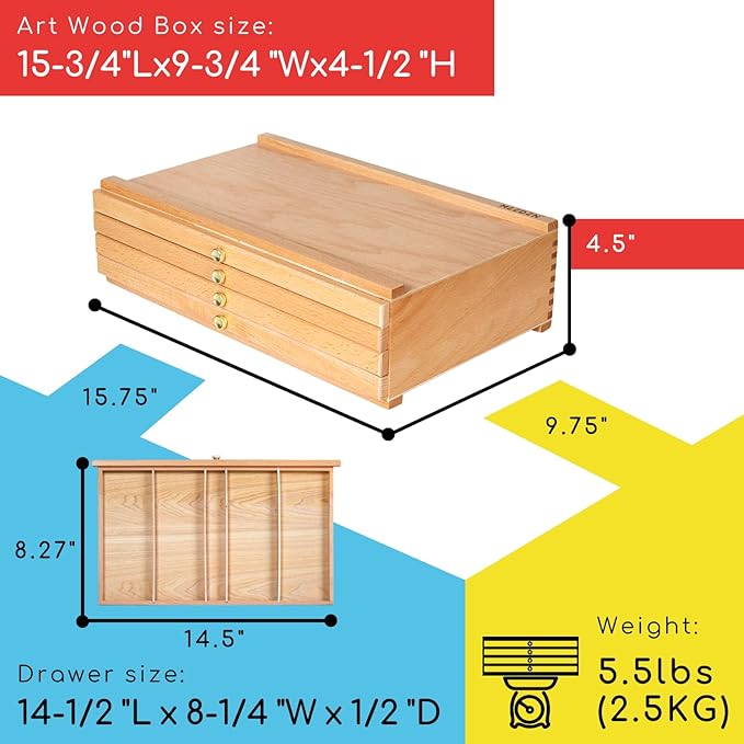 MEEDEN 4-Drawer Artist Supply Storage Box - Portable Foldable Multi-Function Beech Wood Artist Pencil & Brush Storage Box with Drawer & Compartments for Pastels, Pencils, Pens, Brushes, Stamp
