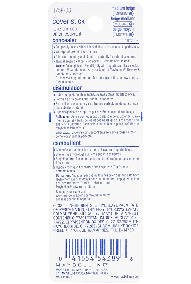 Maybelline New York Cover Stick Corrector Concealer, Medium Beige, 0.16 oz.