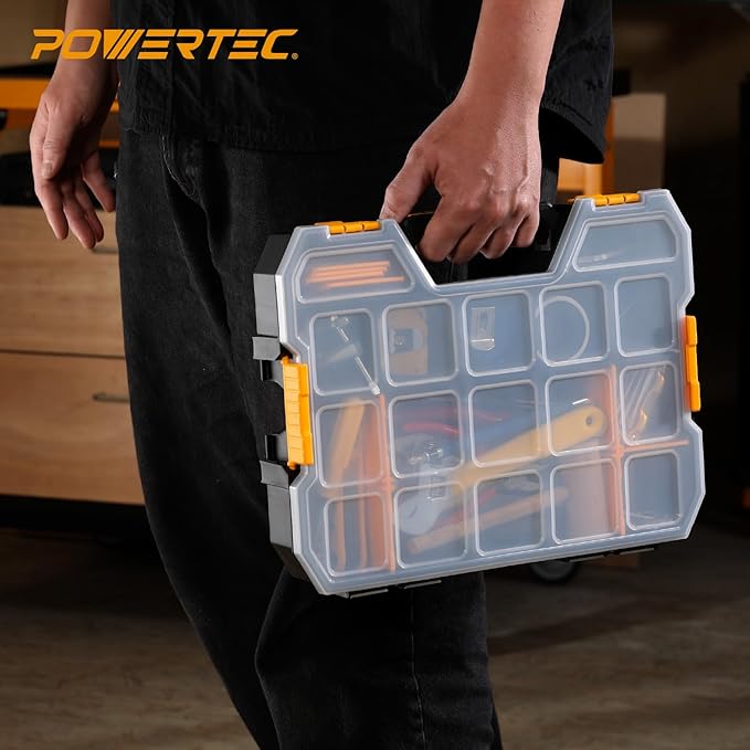 POWERTEC Stackable Tool Box Organizer with Removable Dividers - 17 Compartments, Interlocking, Portable Design, 2-Pack (72118-P2)