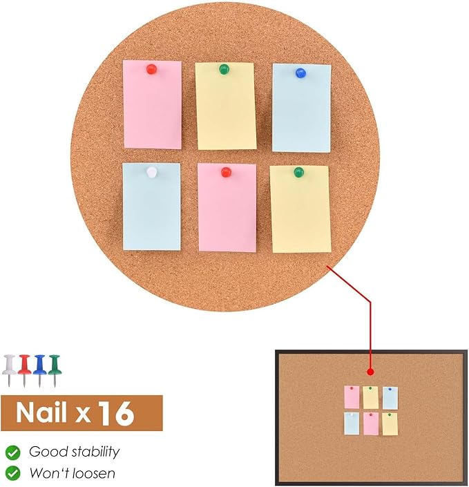 Board2by Cork Board Bulletin Board 24 x 36, Black Wood Framed 2x3 Corkboard, Office Board for Wall Cork, Large Wall Mounted Notice Pin Board with 16 Push Pins for School, Home & Office