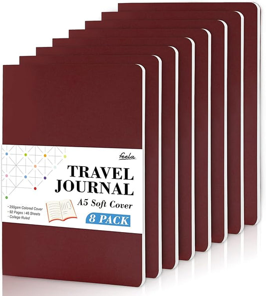 feela 8 Pack Soft Cover Journal Bulk, Notebooks College Ruled for Work, Lined Travel Journal for Women Men, Note Taking Notebook School Supplies Business Writing, 8.2” x 5.5”, A5, Wine