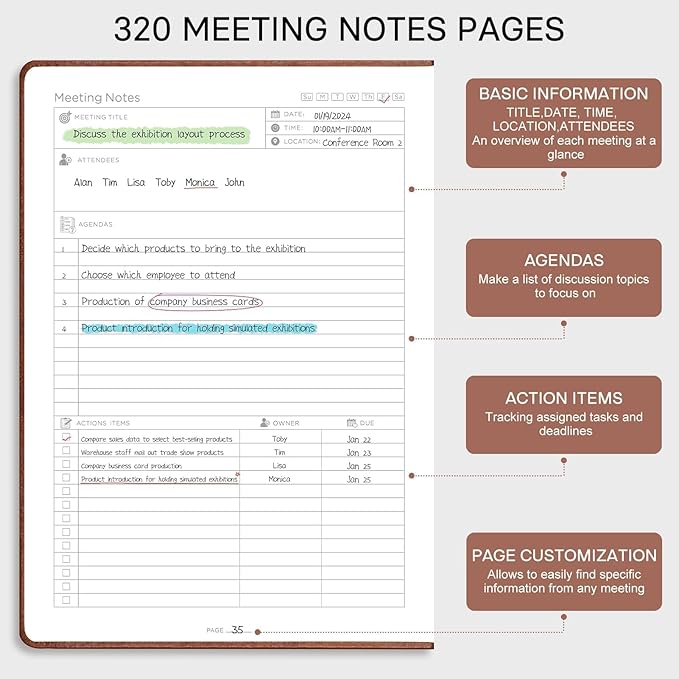 EMSHOI Meeting Notebook for Work with Action Items - 320 Pages B5 Thick Project Planner Agenda Organizer Work Notebook for Women Men Office Business Notes, PU Leather Hardcover, 7.5" x 10", Coffee