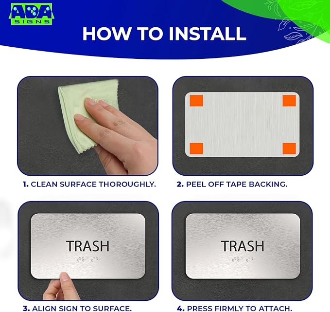 ADASigns Trash Sign 7”x4” - Durable Brushed Aluminum with Grade 2 Braille - Easy Installation with Strong Adhesive Tape - ADA Compliant Signs for businesses, Restaurants & Retail Stores