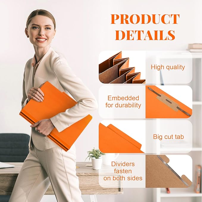 Skyygemm 24 Pcs Classification Folders Letter Size, 3 Divider Pressboard File Folder with Fasteners, Expanding File Organizer Bulk for School Teachers, Office Employee, Coworker, Staff (Orange)