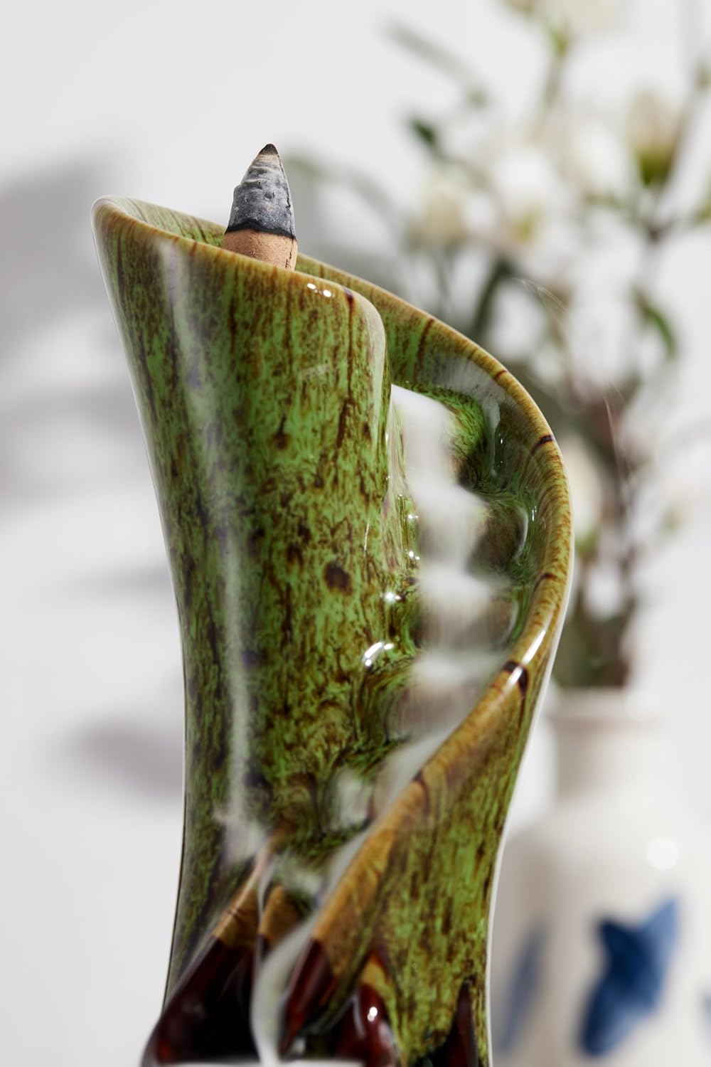 Unique Cloud Stairs Ceramic Waterfall Incense Holder, Paired with a Pack of Backflow Incense Cones. (Fambe Green)