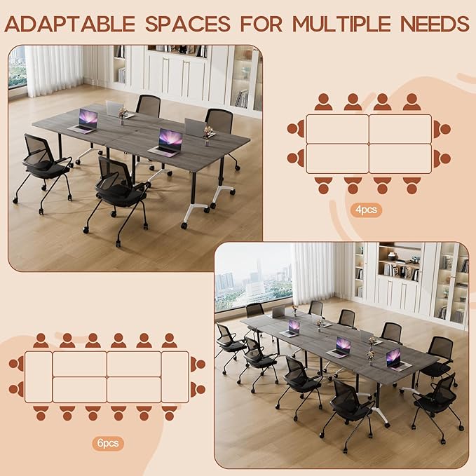 Folding Conference Table 4ft 5ft, Foldable Office Meeting Desk for 6 People, Multiple Sizes Colors Mobile Conference Room Table for Training Room School Business Furniture (4, Grey, 63in)