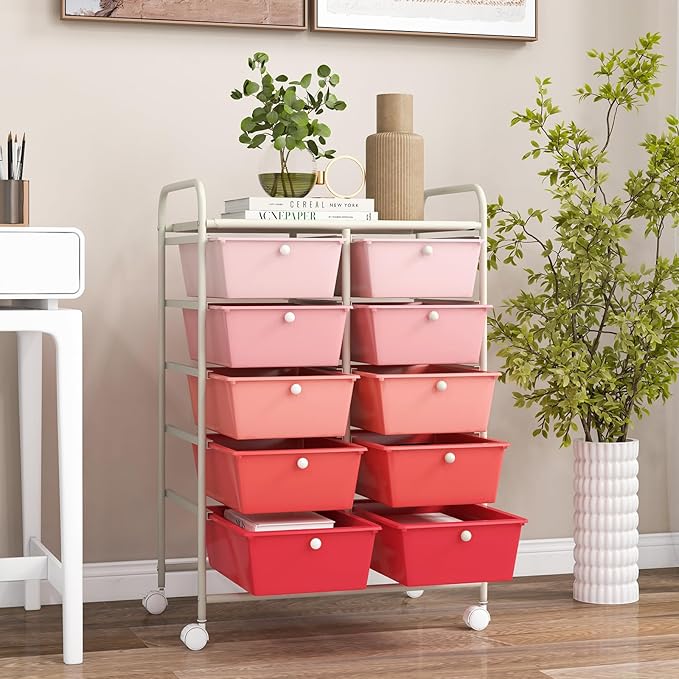 GOFLAME 10-Drawer Rolling Storage Cart, Art Craft Storage Organizer on Wheels, Multipurpose Movable Utility Cart for School, Office and Home, Pink