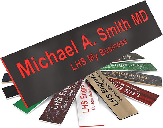 Engraved Name Plates for Door Sign Personalized Black Plastic Plaque with Red Letters - Made in USA 2x10 B19