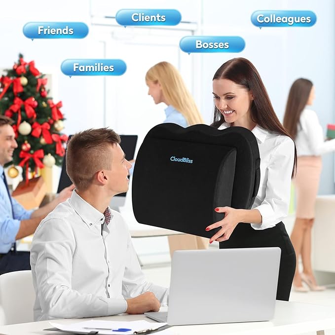 CloudBliss Seat Cushion, Office Chair Cushion,Car Seat Cushion, Lumbar Support Pillow for Office Chair, Back Support Memory Foam Pillow Coccyx Cushion for Tailbone & Sciatica Pain Relief,Black,X-Large