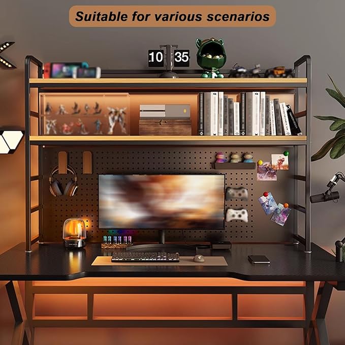 ZWCQSYS 2-Tier Desktop Bookshelf Hutch - Metal Desk Shelf Bookcase with Desk Pegboard Countertop Storage Organizer Rack for Dorm or Office (B, 70cm/27.5in)