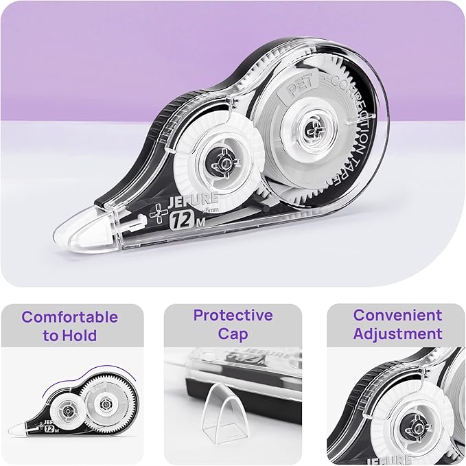 JEFURE 12 Pcs Correction Tape, 39.37 Ft White Wrong Out Tear-Resistant Bulk, Instant Corrections Easy to Use Applicator for School, Office, Note Taking, Journal (Tape Width 0.2 in，Clear)