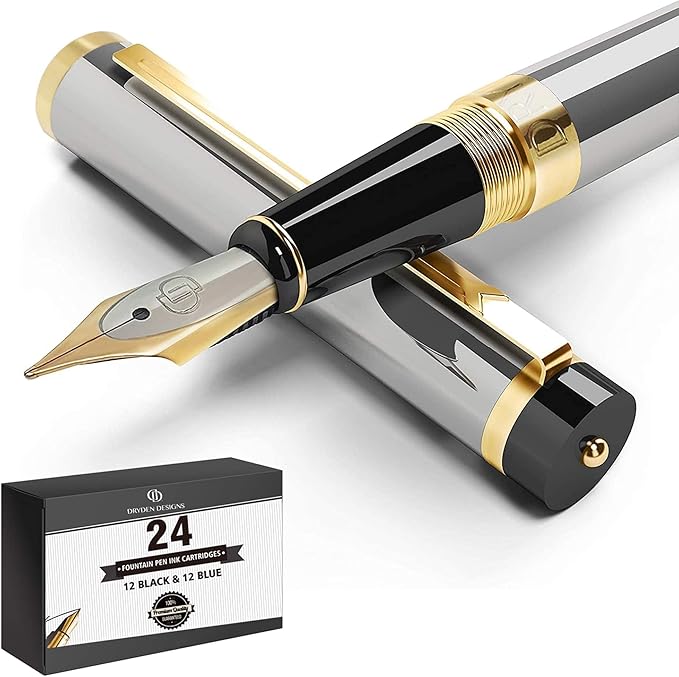 Dryden Designs Fountain Pen Medium Nib Gift Pouch - with 24 Ink Cartridges - MCM (Metallic Silver)