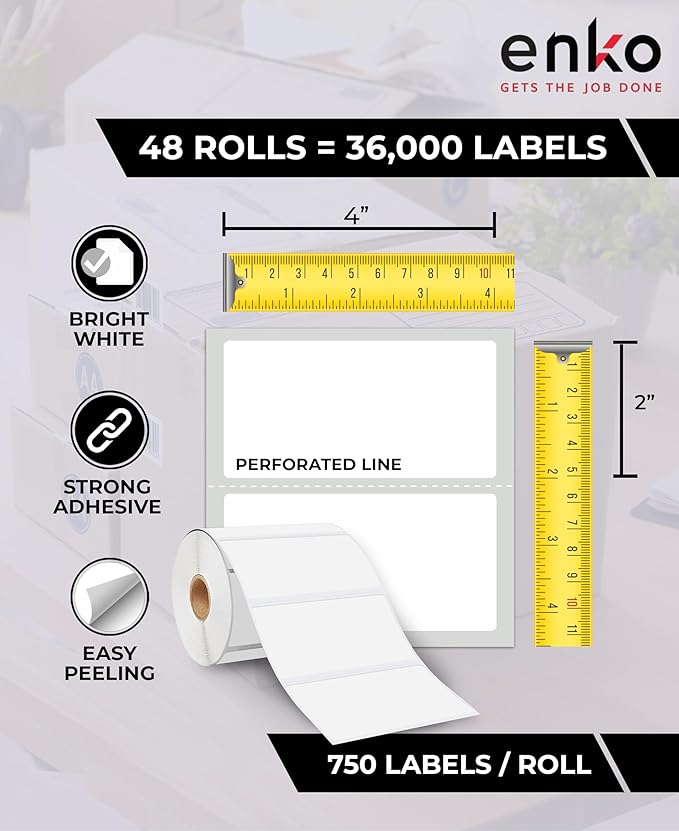 enKo 4" x 2" Labels for Zebra Desktop Printers (48 Rolls | 36,000 Labels) Direct Thermal Address Mailing Shipping Barcode FBA Stickers FNSKU Label for Zebra and Eltron (Perforated)