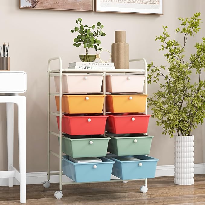 GOFLAME 10-Drawer Rolling Storage Cart, Art Craft Storage Organizer on Wheels, Multipurpose Movable Utility Cart for School, Office and Home, Macaron Color